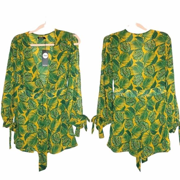 BooHoo Green & Yellow Palm Beach Playsuit Romper - Picture 1 of 7